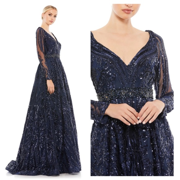 Mac Duggal size 18 style 67113 Long Sleeve Embellished Evening Gown navy blue - Picture 2 of 13